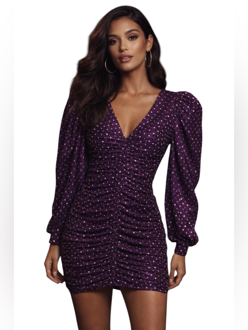 For Love and Lemons Purple La Villette Ruched Polka Dot Mini Dress Size M